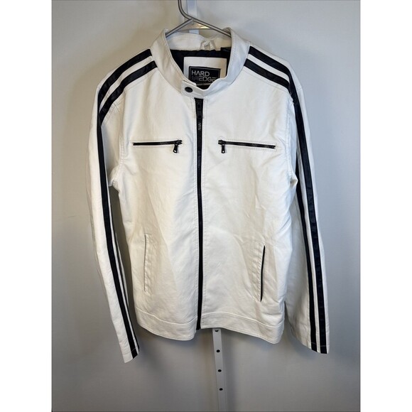 Vintage Y2K Hard Edge White & Black Racing Stripe Driving Leather Jacket Sz L - Picture 1 of 8